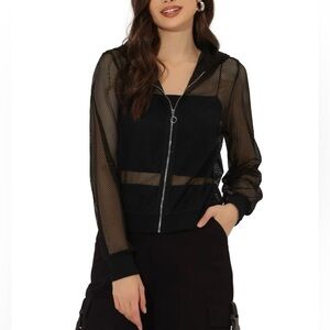 Allegra K Zip Up Long Sleeve Fishnet Mesh Sheer Hoodie Bomber Jackets, Size S